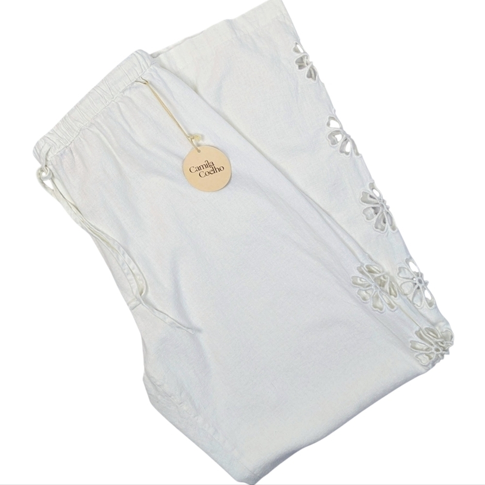 Camila Coelho Linen Blend Pants Floral Eyelet Cutouts At Sides White M NWT